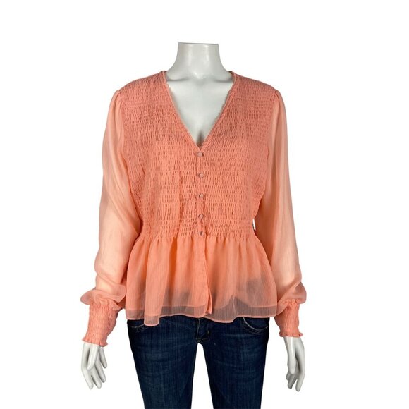 Bar III Chiffon Blouse Large Peach Long Sleeve Smocked V-Neck Button - Picture 1 of 4